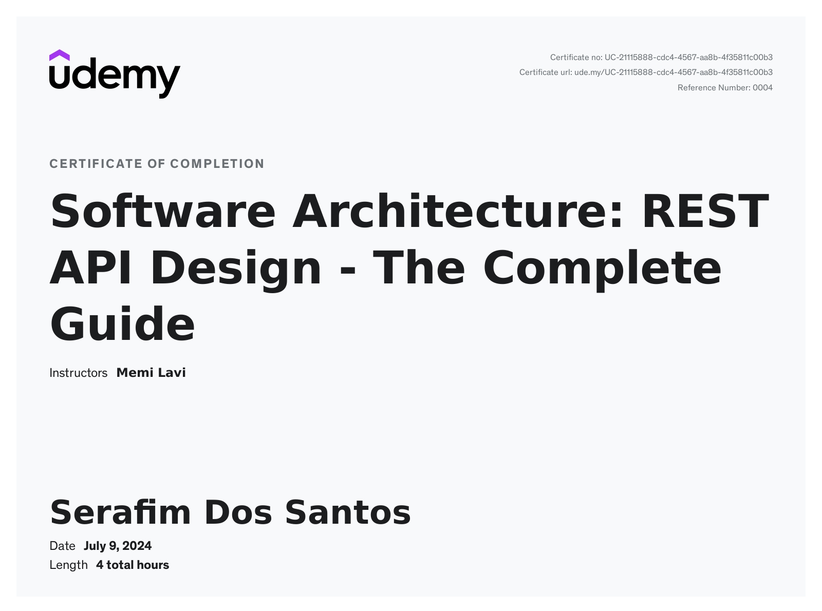 REST API Design - The Complete Guide certificate