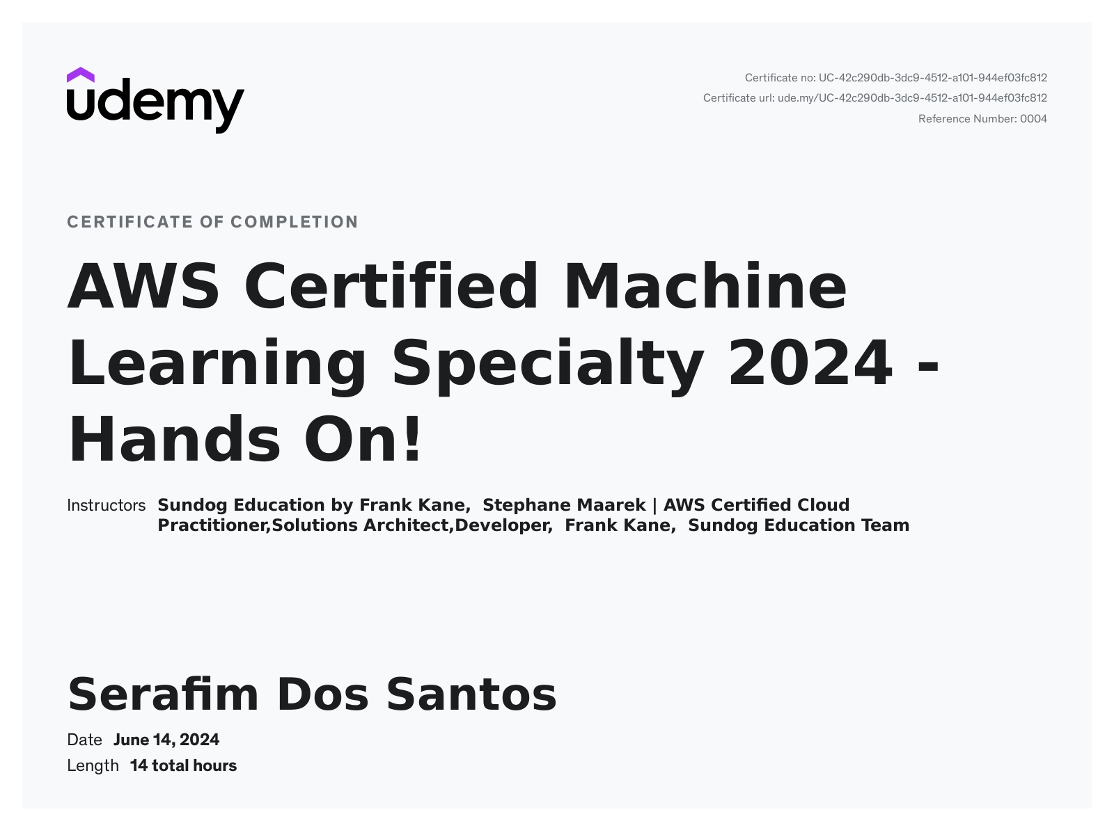 AWS Certified Machine Learning Specialty certificate