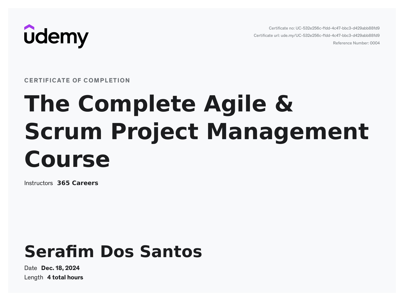 The Complete Agile & Scrum Project Management Course certificate