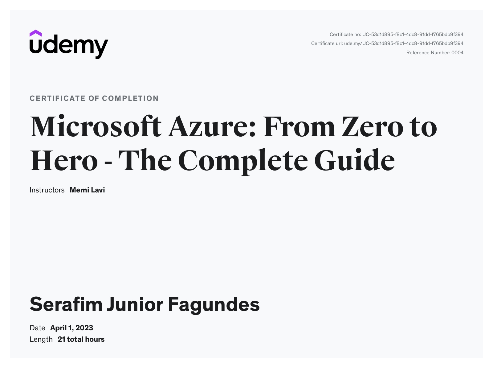 Microsoft Azure: From Zero to Hero certificate