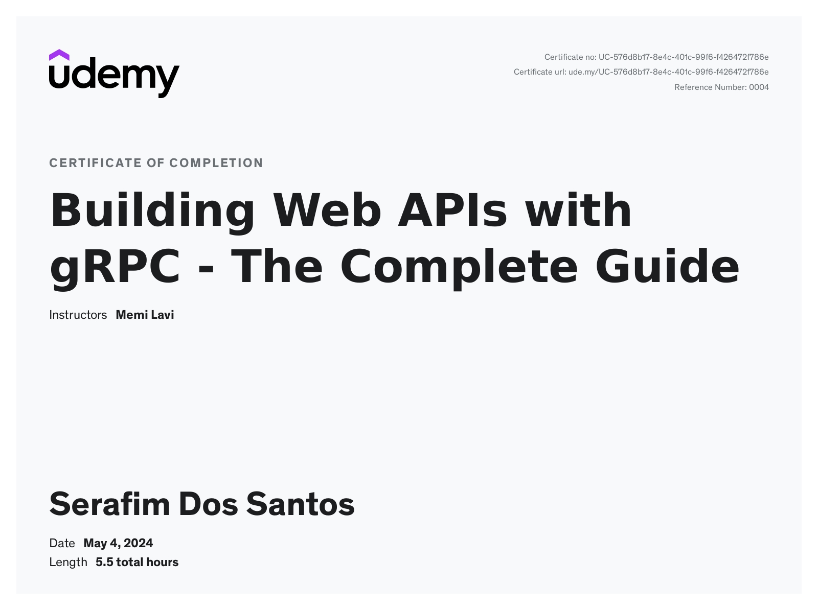 Building Web APIs with gRPC - The Complete Guide certificate