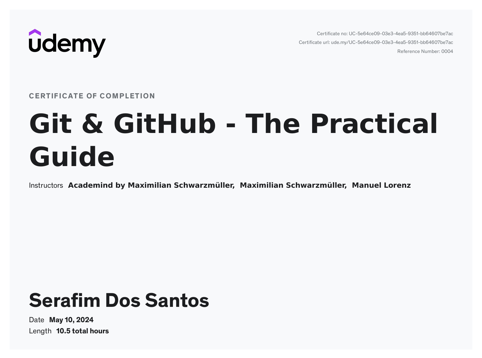 Git & GitHub - The Practical Guide certificate