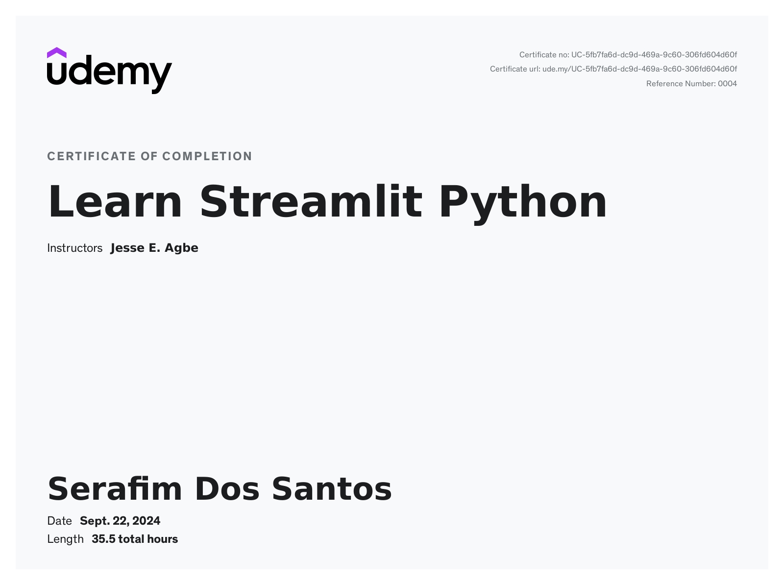 Learn Streamlit Python certificate