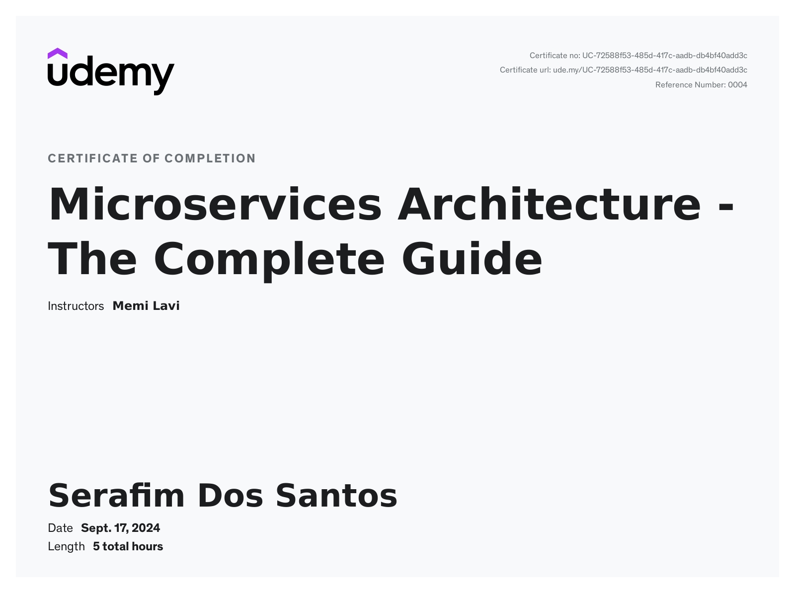 Microservices Architecture - The Complete Guide certificate