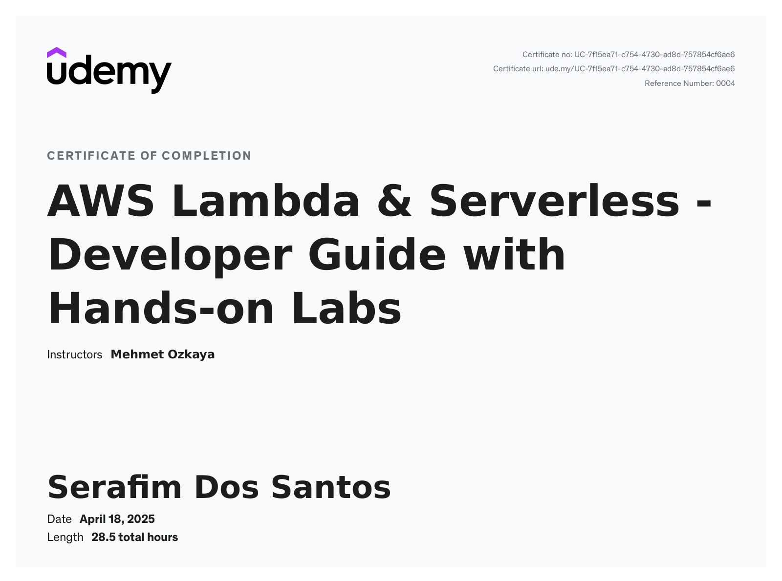 AWS Lambda & Serverless certificate