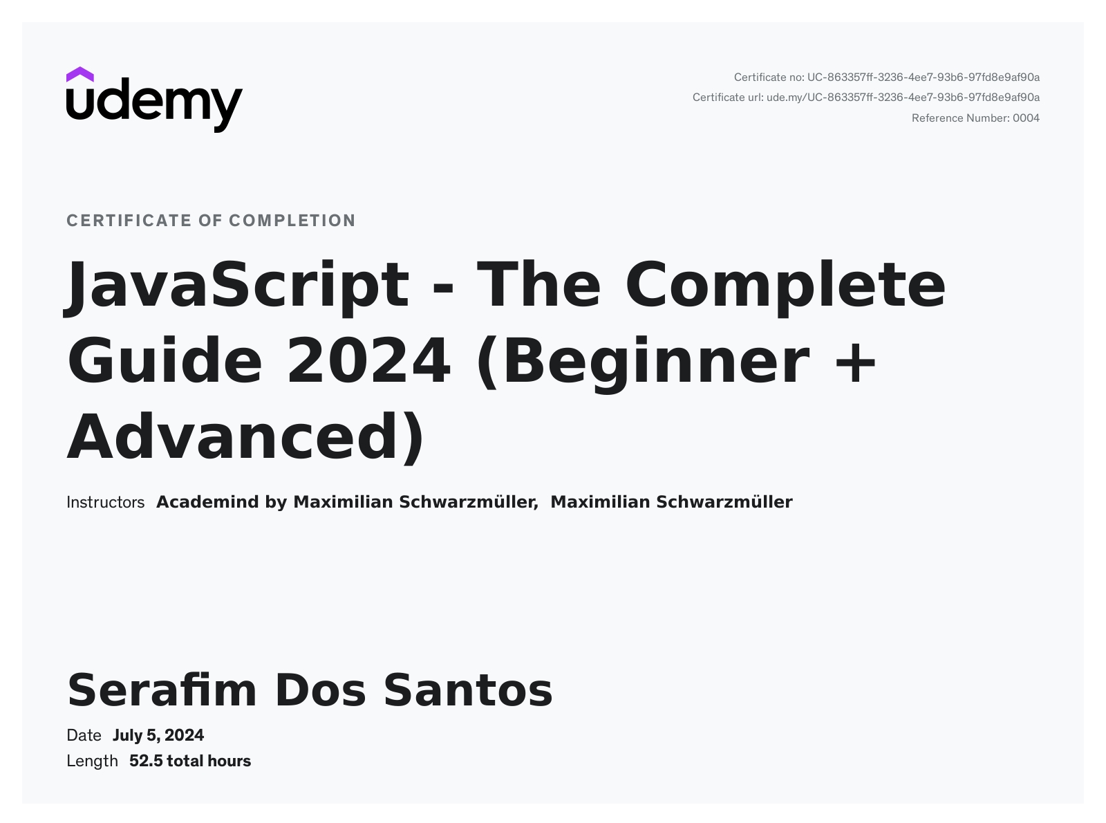 JavaScript - The Complete Guide certificate