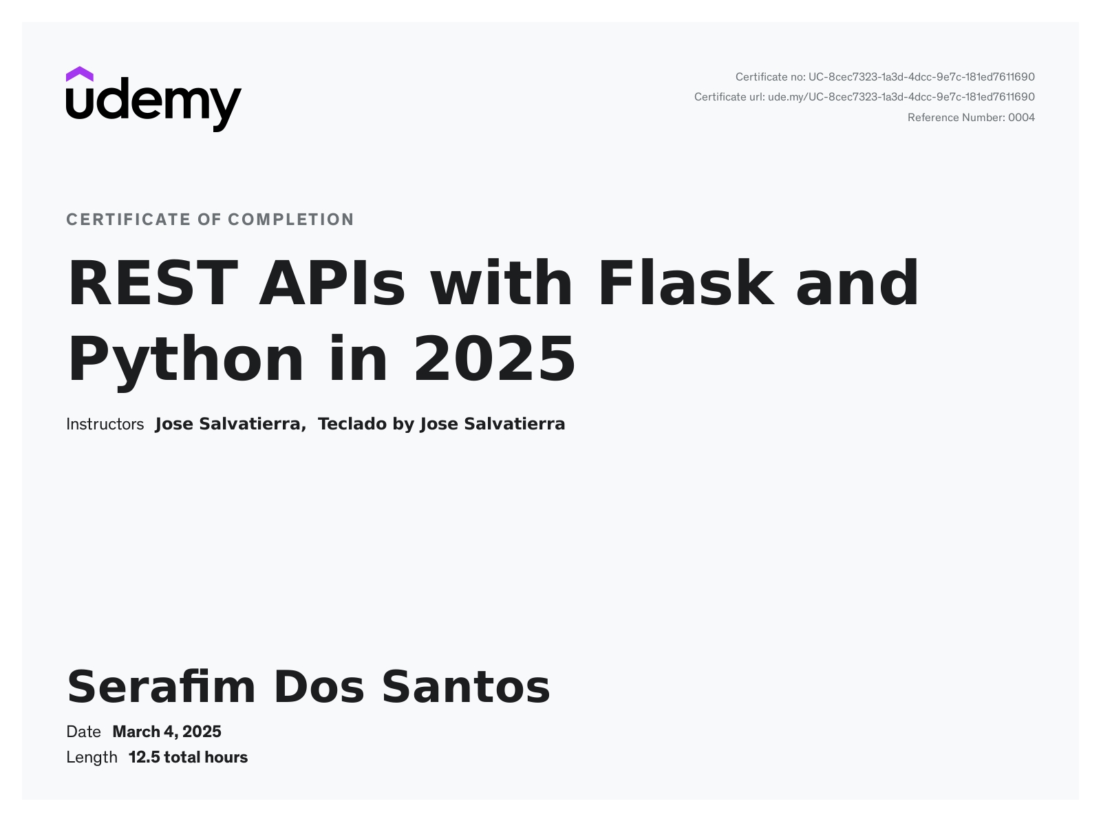 REST API with Flask and Python certificate