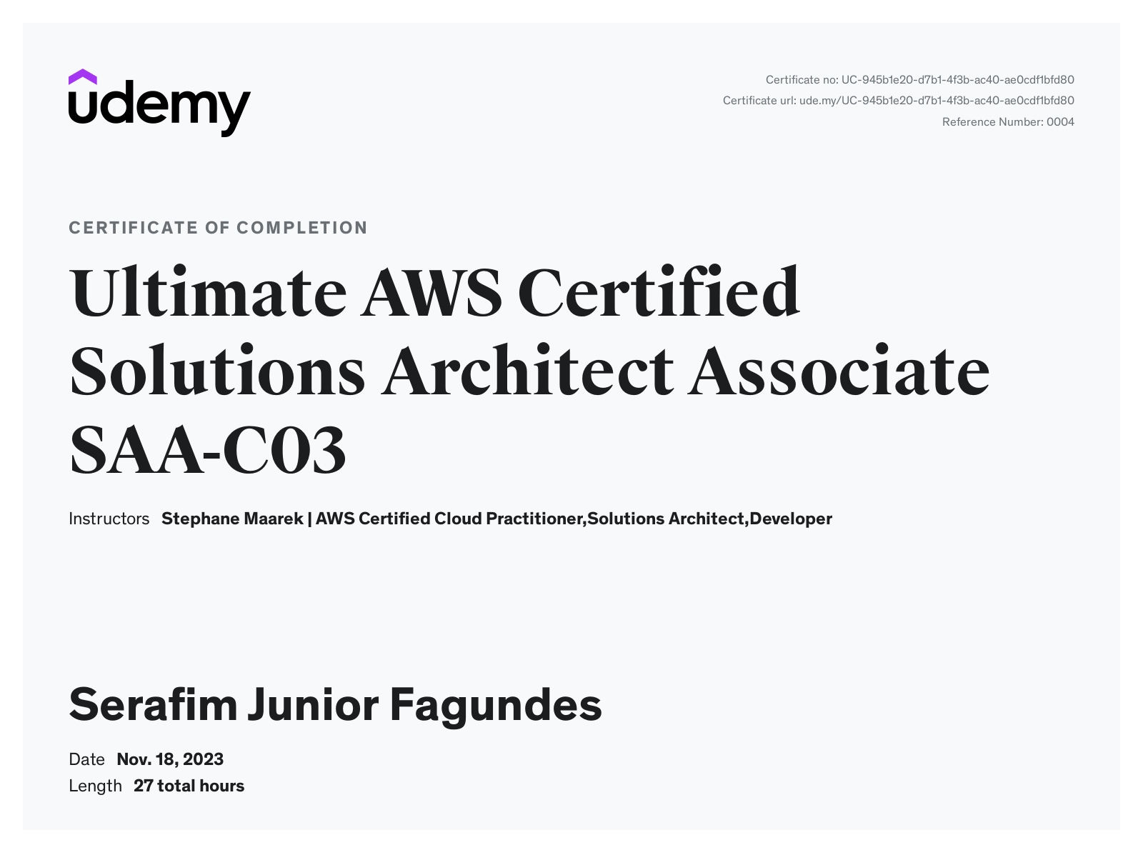 AWS Certified Solutions Architect Associate certificate