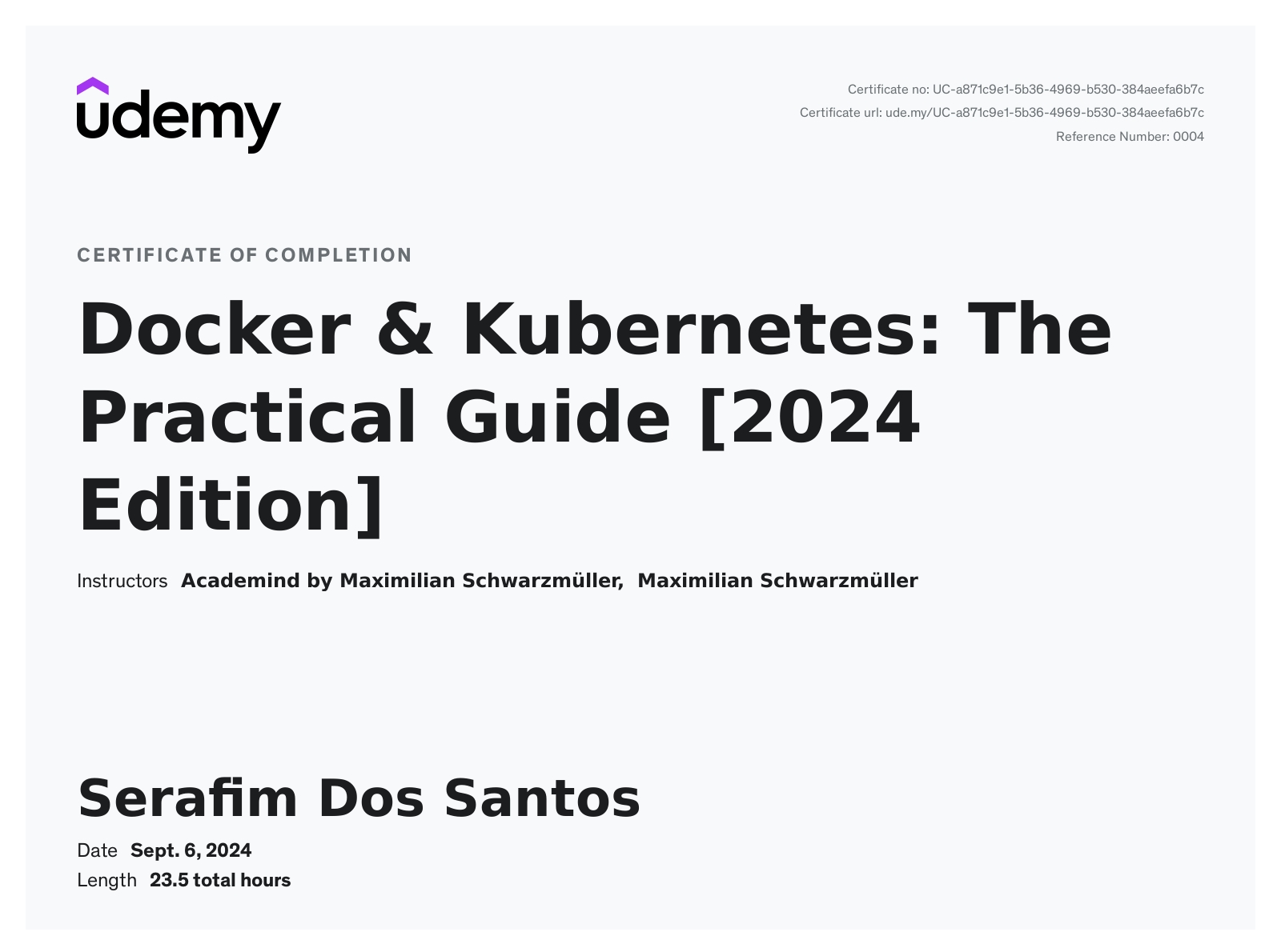 Docker & Kubernetes - The Practical Guide certificate