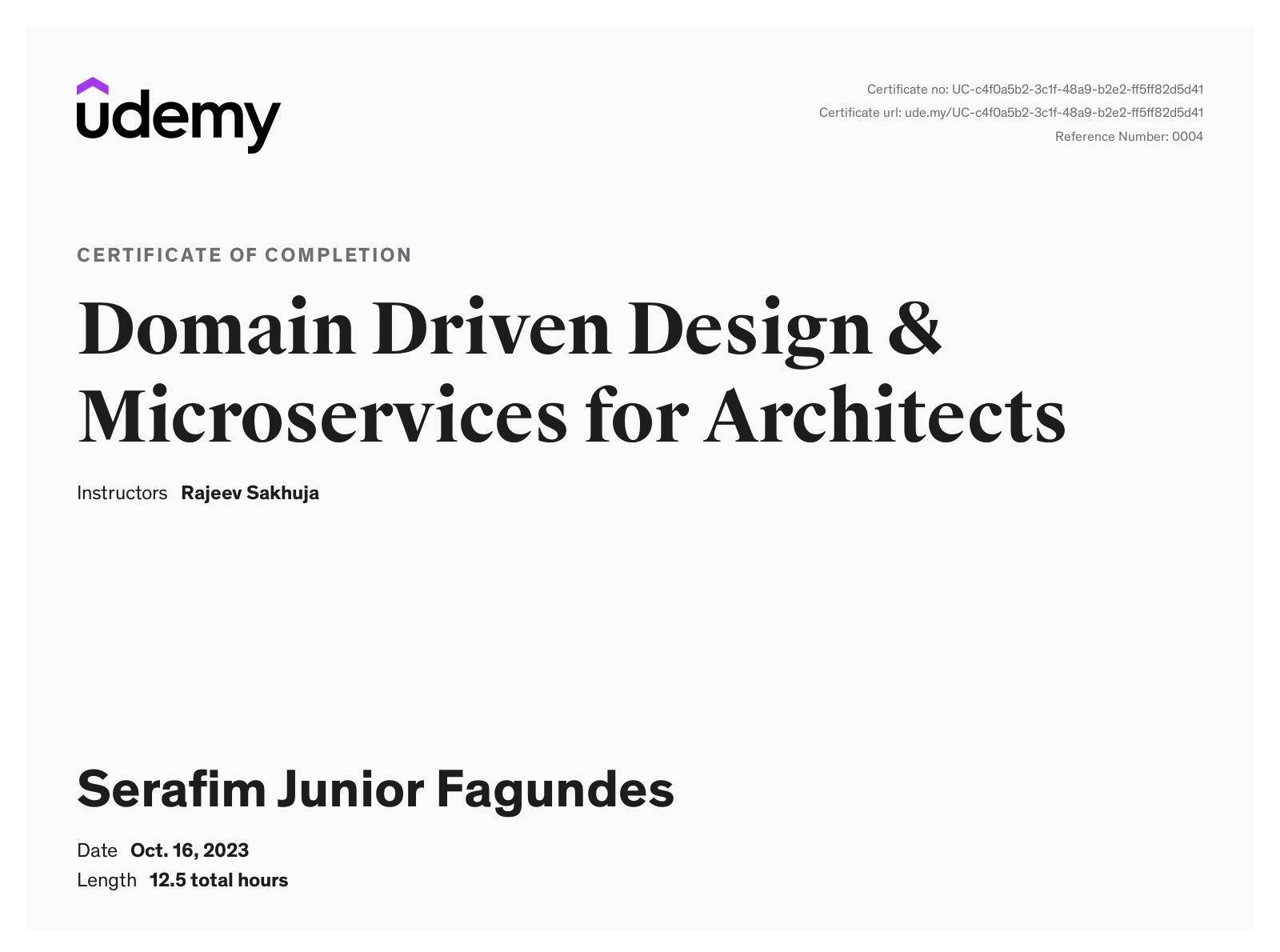 Domain Driven Design & Microservices for Architects certificate