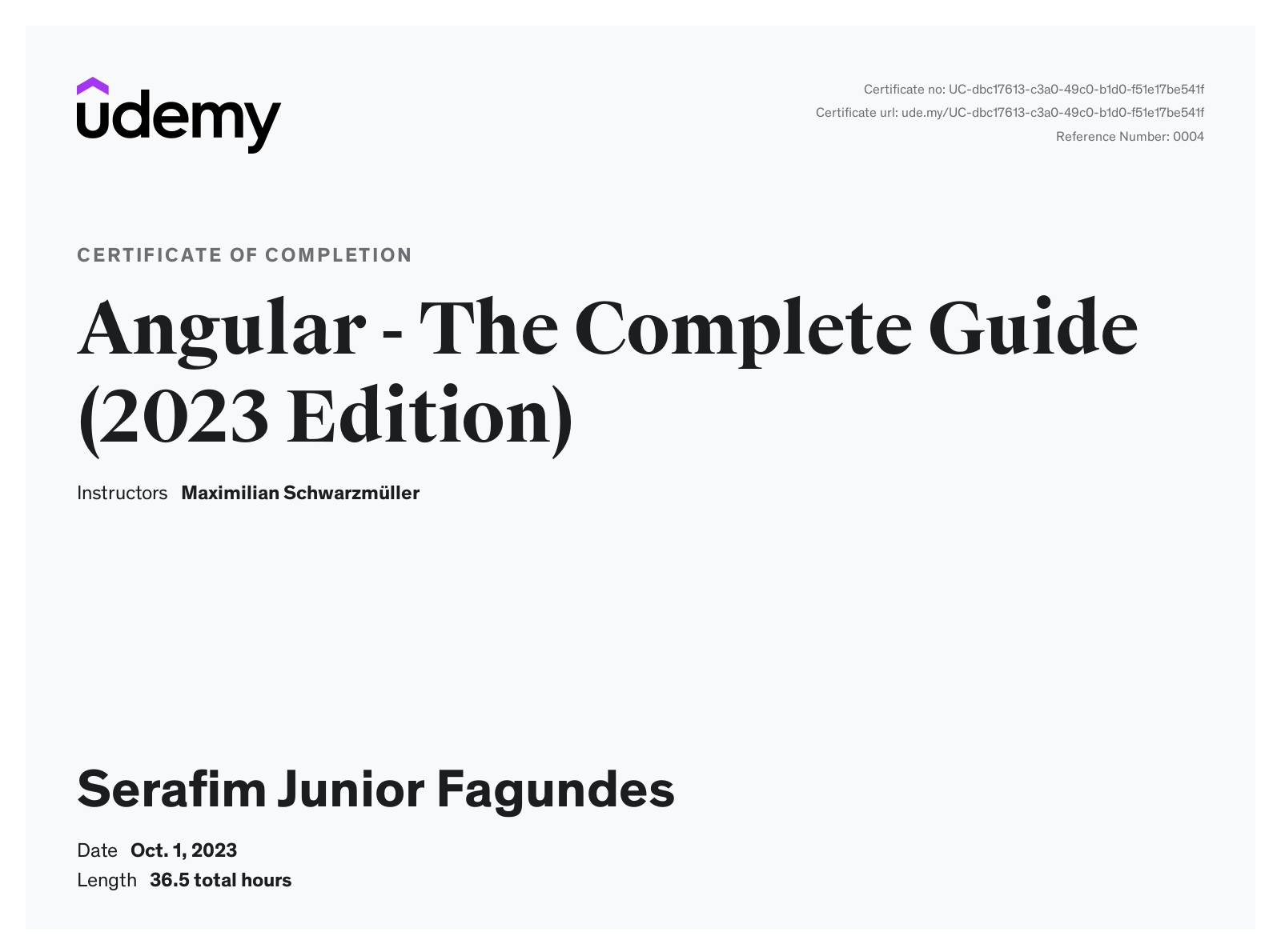Angular - the Complete Guide certificate